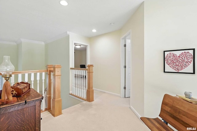 905 Bridgeview Place, Le Claire, IA 52753 - hall with an upstairs landing, light carpet, ornamental molding, and recessed lighting