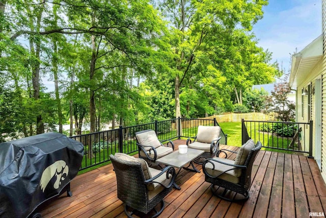 905 Bridgeview Place, Le Claire, IA 52753 - wooden deck with a grill, an outdoor living space, and a fenced backyard