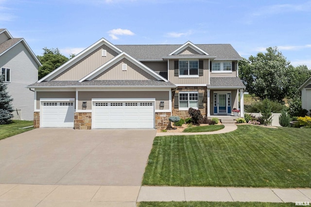 5727 Charlie Chase Ln, Bettendorf, IA 52722 - craftsman-style home featuring stone siding, concrete driveway, a front yard, an attached garage, and a shingled roof