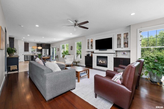 5727 Charlie Chase Ln, Bettendorf, IA 52722 - living area featuring ceiling fan, healthy amount of natural light, a fireplace, hardwood / wood-style flooring, and recessed lighting