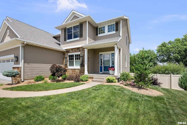 5727 Charlie Chase Ln, Bettendorf, IA 52722 - view of front facade featuring stone siding, a porch, roof with shingles, and an attached garage