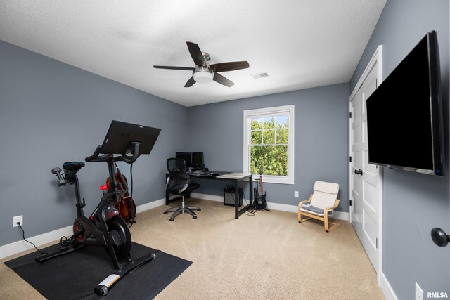 5727 Charlie Chase Ln, Bettendorf, IA 52722 - exercise area with ceiling fan, carpet floors, and a textured ceiling