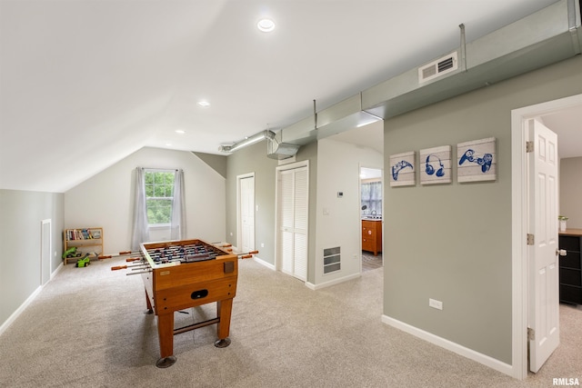 183 Island Ave, East Moline, IL 61244 - game room with light carpet, lofted ceiling, and recessed lighting