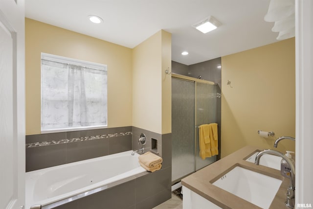 183 Island Ave, East Moline, IL 61244 - full bath with a bath, a shower stall, double vanity, and recessed lighting