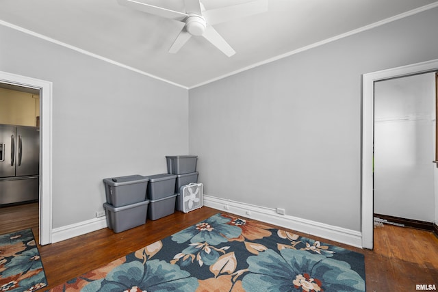 1632 18th Ave Unit 6, Rock Island, IL 61201 - bedroom with stainless steel fridge with ice dispenser, hardwood / wood-style floors, crown molding, and a ceiling fan