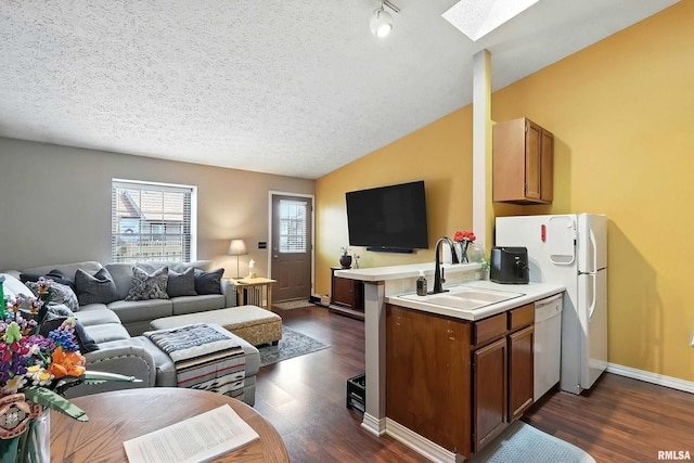 4011 Lillie Ave Unit 106, Davenport, IA 52806 - living area featuring a skylight, lofted ceiling, dark wood-style flooring, and a textured ceiling