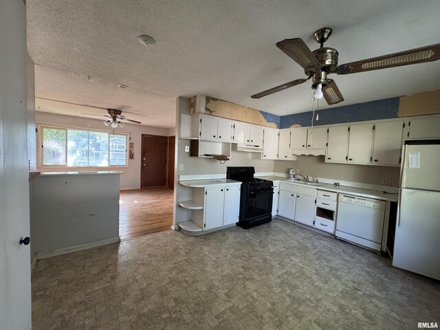 2938 Summit Hills Ct, Bettendorf, IA 52722 - kitchen with white appliances, ceiling fan, open shelves, and light countertops