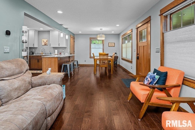11815 Rte 84 N, Port Byron, IL 61275 - living area featuring dark wood-style floors, recessed lighting, and a textured ceiling