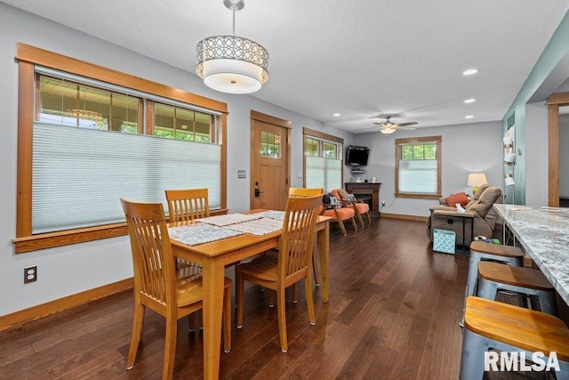 11815 Rte 84 N, Port Byron, IL 61275 - dining area featuring a textured ceiling, a ceiling fan, dark wood-type flooring, and recessed lighting