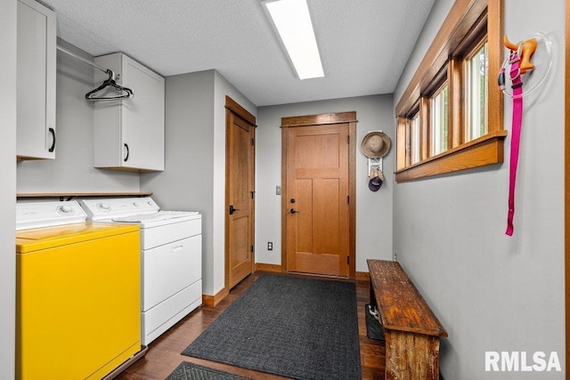 11815 Rte 84 N, Port Byron, IL 61275 - laundry room featuring independent washer and dryer, cabinet space, dark wood-type flooring, and a textured ceiling
