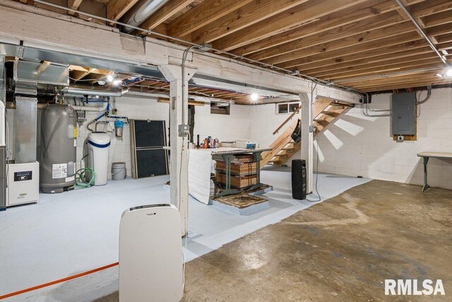 11815 Rte 84 N, Port Byron, IL 61275 - unfinished basement with electric panel, water heater, stairs, and a water softener system