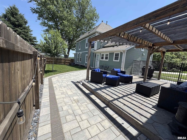 128 S 2nd St, Le Claire, IA 52753 - fenced backyard with an outdoor living space, a pergola, and a patio area