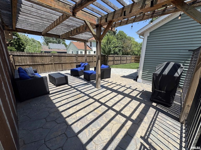 128 S 2nd St, Le Claire, IA 52753 - fenced backyard featuring an outdoor hangout area, a pergola, a patio area, and grilling area