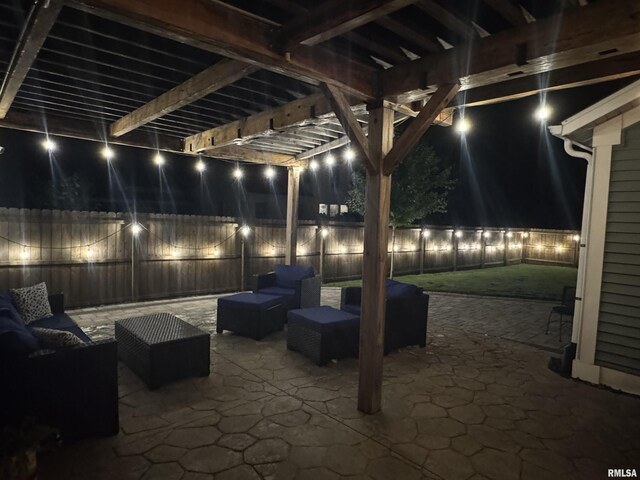 128 S 2nd St, Le Claire, IA 52753 - patio at night featuring an outdoor living space, a fenced backyard, a pergola, and a patio area