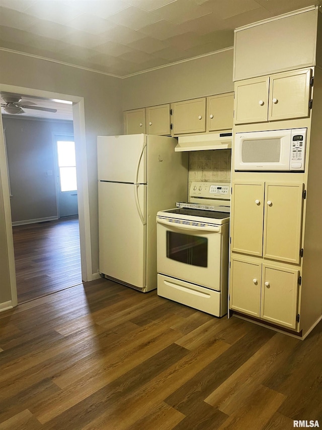905 W Boulevard St, Marion, IL 62959 - kitchen with white appliances, under cabinet range hood, dark wood-style flooring, and a ceiling fan