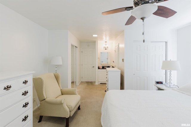 103 Westernaire Dr, Marion, IL 62959 - bedroom featuring light carpet, a chandelier, ensuite bathroom, and a ceiling fan