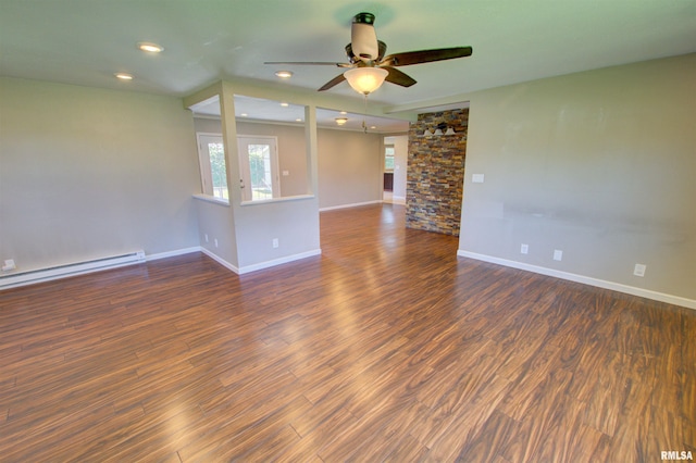1008 5th Ave, Camanche, IA 52730 - empty room featuring a ceiling fan, baseboard heating, wood finished floors, and recessed lighting