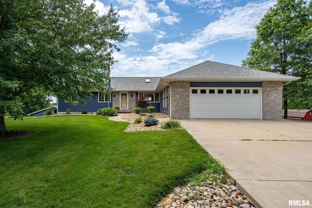 910 Fyre Lake Dr, Sherrard, IL 61281 - ranch-style house with driveway, a garage, a front lawn, brick siding, and roof with shingles