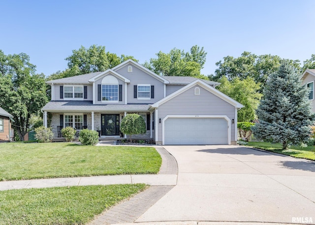624 Mineral Creek Dr, Colona, IL 61241 - view of front facade featuring an attached garage, concrete driveway, a front yard, and covered porch