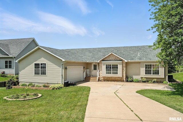 106 Valley View Dr, Sherrard, IL 61281 - single story home with driveway, an attached garage, a front lawn, and roof with shingles