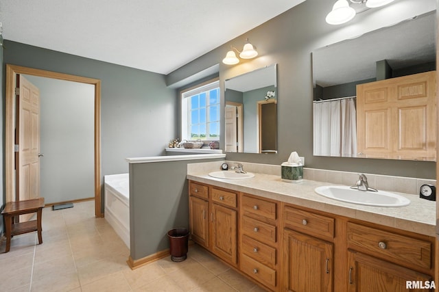 106 Valley View Dr, Sherrard, IL 61281 - full bath featuring double vanity, a bath, tile patterned flooring, and curtained shower