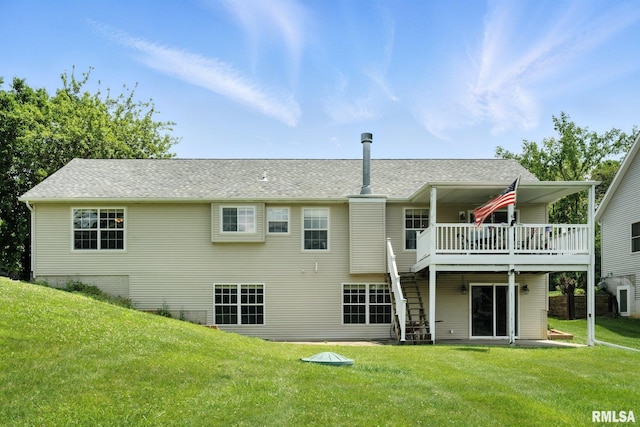106 Valley View Dr, Sherrard, IL 61281 - back of property featuring a yard, a deck, stairway, and a shingled roof