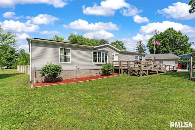 524 6th St, Andover, IL 61233 - back of house with a wooden deck, a lawn, and crawl space