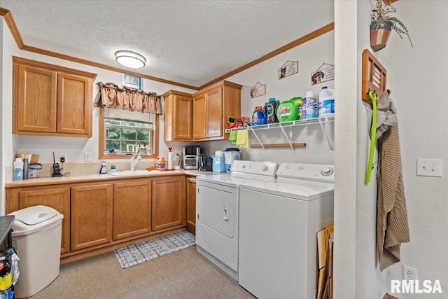 524 6th St, Andover, IL 61233 - laundry area featuring washer and clothes dryer, ornamental molding, and a textured ceiling