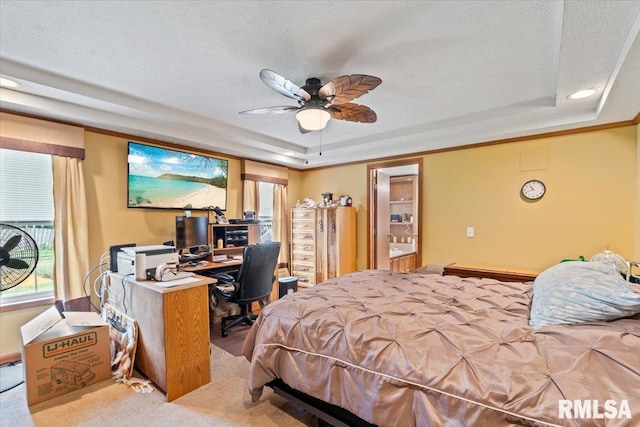 524 6th St, Andover, IL 61233 - bedroom featuring a raised ceiling, a textured ceiling, multiple windows, a desk, and carpet floors