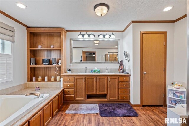 524 6th St, Andover, IL 61233 - bathroom featuring wood finished floors, ornamental molding, vanity, and a garden tub