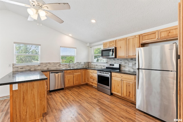 107 S High St, Port Byron, IL 61275 - kitchen featuring stainless steel appliances, lofted ceiling, a peninsula, light wood-style flooring, and backsplash