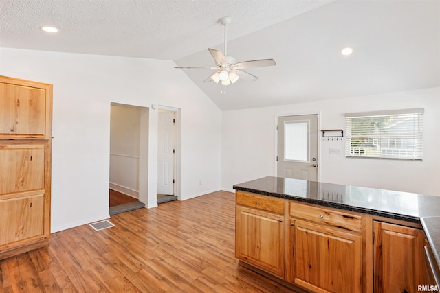107 S High St, Port Byron, IL 61275 - kitchen with a ceiling fan, light wood-type flooring, vaulted ceiling, and recessed lighting