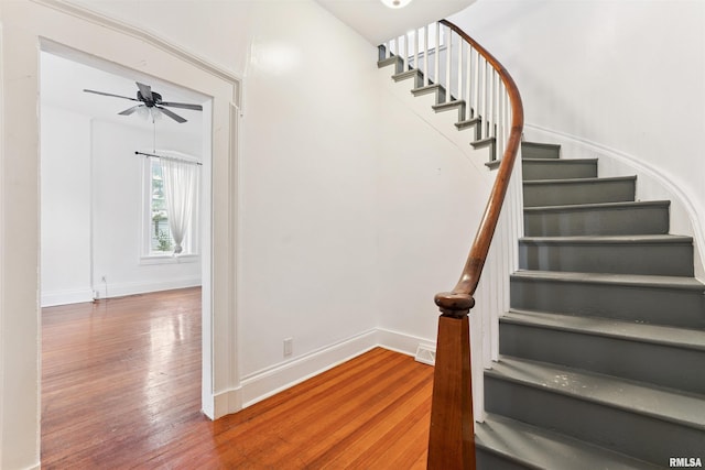 107 S High St, Port Byron, IL 61275 - staircase with hardwood / wood-style flooring and a ceiling fan