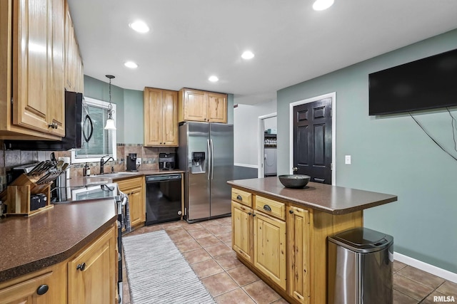 885 47th Ave, East Moline, IL 61244 - kitchen featuring dishwasher, stainless steel refrigerator with ice dispenser, dark countertops, decorative backsplash, and light tile patterned flooring