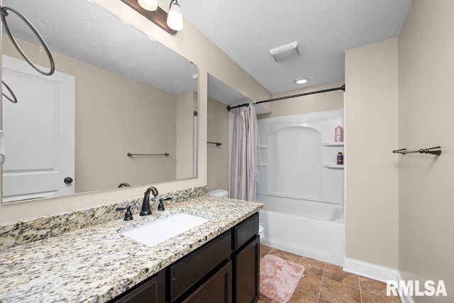 67 Cobblestone Ln, Le Claire, IA 52753 - bathroom with vanity, shower / bath combination with curtain, and a textured ceiling