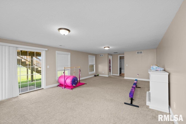 67 Cobblestone Ln, Le Claire, IA 52753 - game room featuring carpet and a textured ceiling