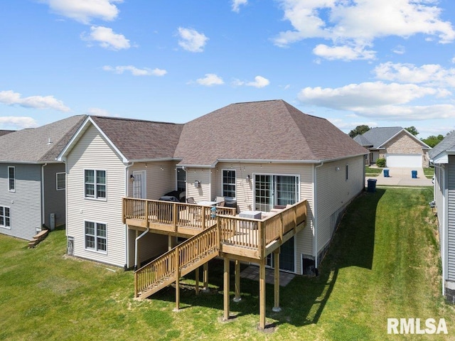 67 Cobblestone Ln, Le Claire, IA 52753 - rear view of property featuring a wooden deck, a lawn, roof with shingles, and stairs