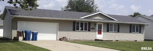 172 E Meadow Ln, Walcott, IA 52773 - ranch-style home with an attached garage, driveway, and a front lawn