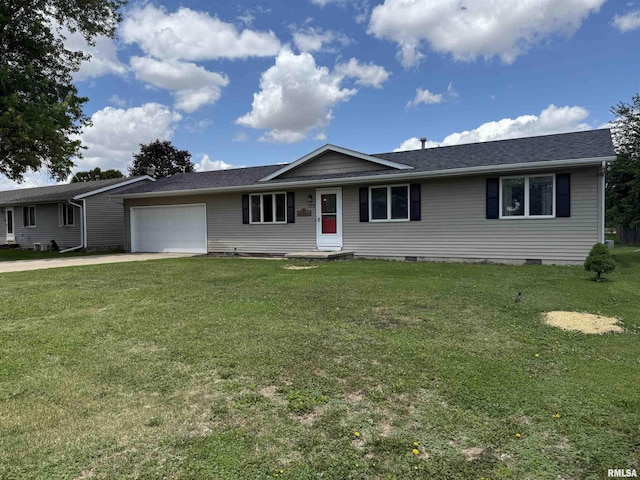 172 E Meadow Ln, Walcott, IA 52773 - ranch-style house featuring an attached garage, concrete driveway, a front yard, and a shingled roof