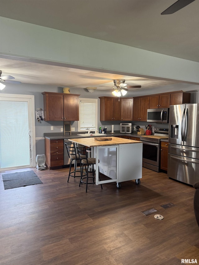 172 E Meadow Ln, Walcott, IA 52773 - kitchen with appliances with stainless steel finishes, a ceiling fan, and dark wood-type flooring