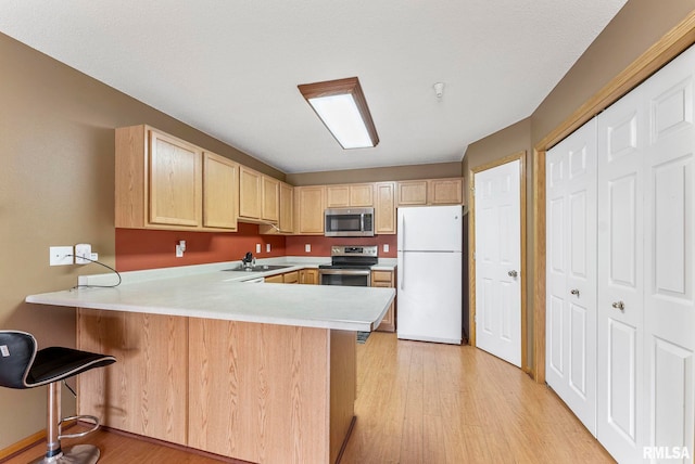 3215 S 16th Ave Unit 201, Eldridge, IA 52748 - kitchen with stainless steel appliances, a peninsula, light brown cabinetry, light countertops, and light wood-type flooring