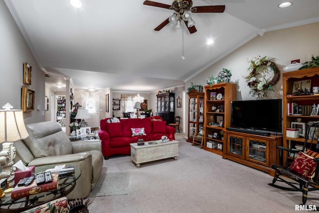 805 New Day Way, Marion, IL 62959 - living room featuring ceiling fan, carpet flooring, recessed lighting, crown molding, and a chandelier