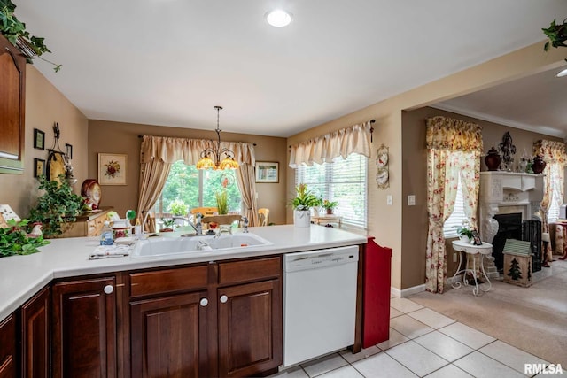 805 New Day Way, Marion, IL 62959 - kitchen with dishwasher, light countertops, a chandelier, a peninsula, and light tile patterned floors