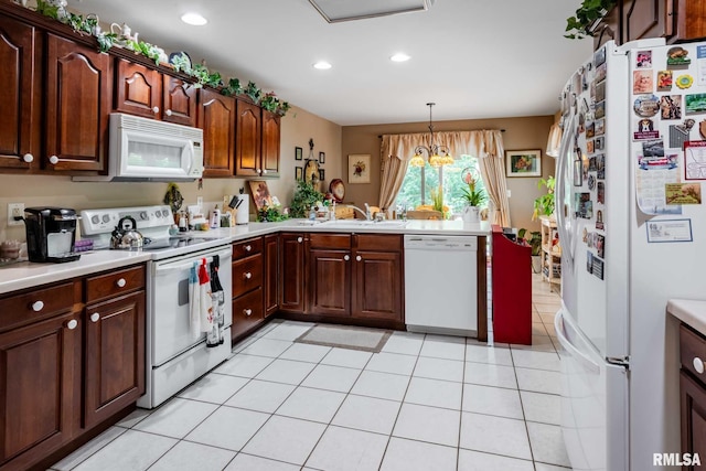 805 New Day Way, Marion, IL 62959 - kitchen with white appliances, light countertops, recessed lighting, a chandelier, and a peninsula
