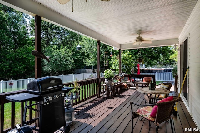 805 New Day Way, Marion, IL 62959 - wooden terrace featuring ceiling fan, a grill, and a fenced backyard