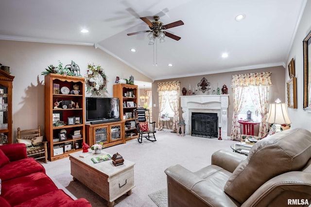 805 New Day Way, Marion, IL 62959 - carpeted living room with ceiling fan, crown molding, recessed lighting, lofted ceiling, and a premium fireplace