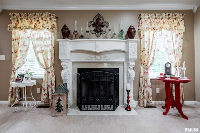 805 New Day Way, Marion, IL 62959 - detailed view of carpet floors, crown molding, and a fireplace with flush hearth