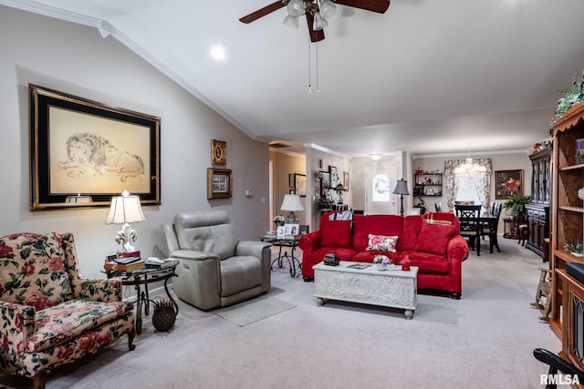 805 New Day Way, Marion, IL 62959 - living area with a chandelier, carpet flooring, ornamental molding, a ceiling fan, and lofted ceiling