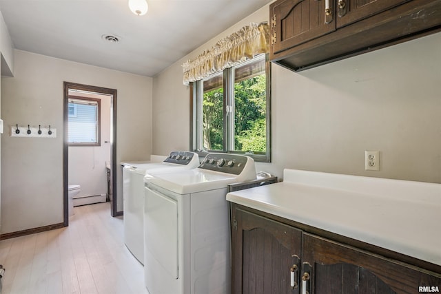 2351 5th St, East Moline, IL 61244 - laundry room featuring cabinet space, a baseboard radiator, washing machine and dryer, and light wood finished floors