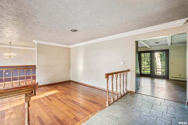 2351 5th St, East Moline, IL 61244 - spare room featuring a baseboard radiator, wood finished floors, a chandelier, crown molding, and beam ceiling